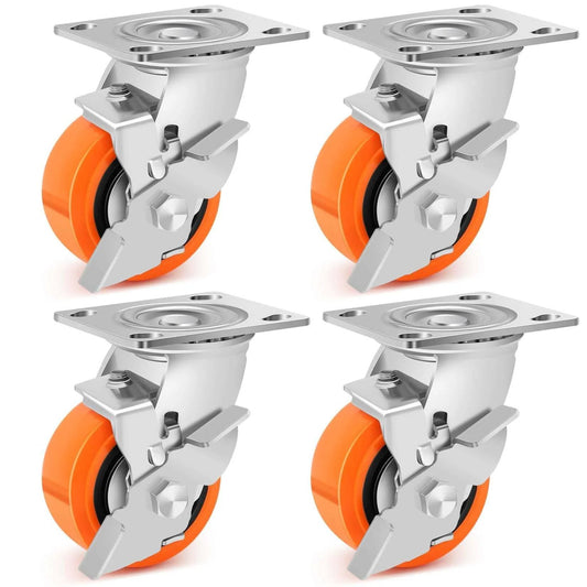 4 inch industrial heavy duty caster wheels set of 4 with polyurethane swivel design, casters with brakes rated up to 2500 lbs