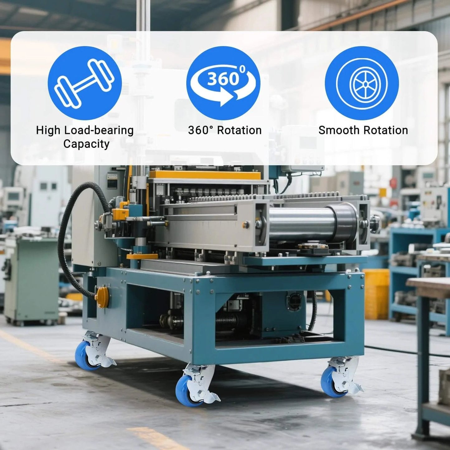 4 Inch Heavy Duty Casters with smooth rolling PU wheels on industrial machinery, showcasing 360° rotation, high load-bearing capacity.