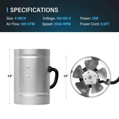 4 Inch Inline Booster Duct Fan 100 CFM Quiet High Performance HVAC Exhaust by iPower, side and front view with specifications
