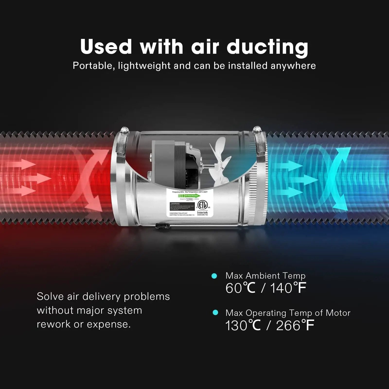 4 Inch Inline Duct Fan 100 CFM Quiet Exhaust For HVAC Systems shown in air duct system, displaying heat resistance and airflow direction