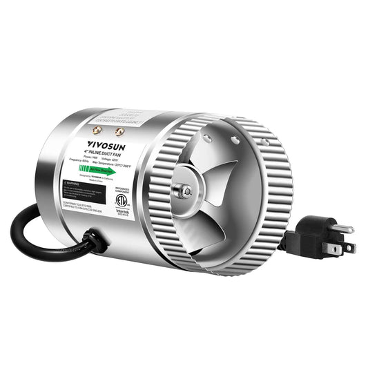 4 Inch Inline Duct Fan 100 CFM Quiet Exhaust For HVAC Systems, shown from side view with visible power cord