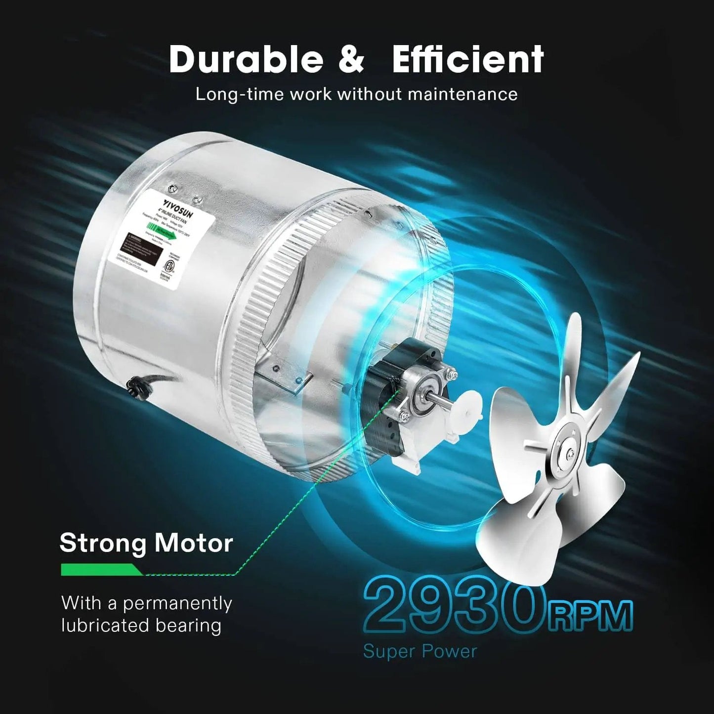 4 Inch Inline Duct Fan 100 CFM Quiet Exhaust For HVAC Systems with visible motor and bearings, 2930 RPM efficiency feature