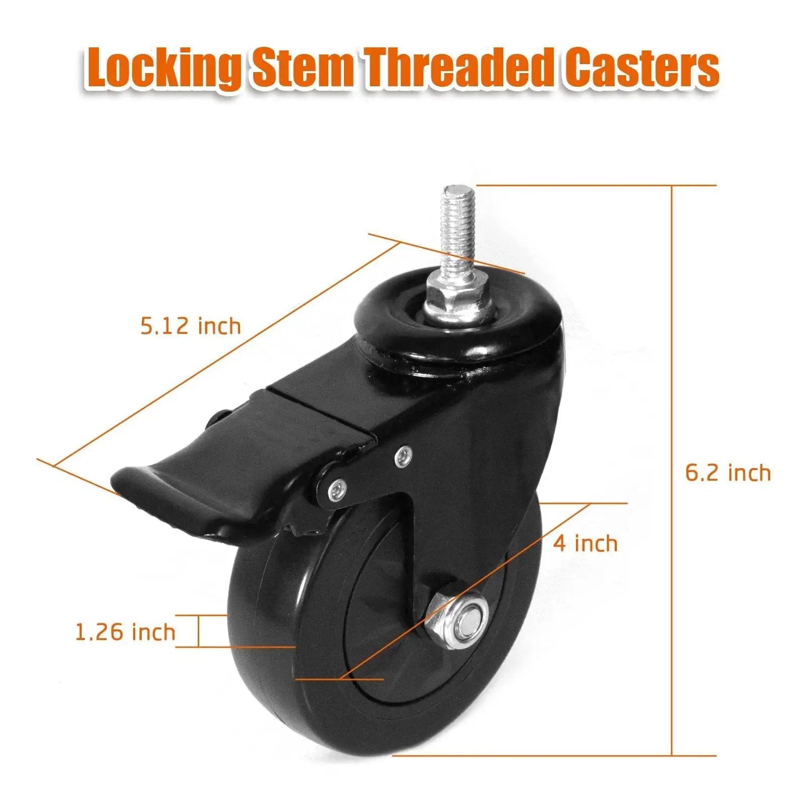 Caster Wheels 4 Inch Locking Stem Casters Swivel Stem Casters For Original Large Green Egg Rolling Cart Quiet Noiseless Threaded Stem Castors Set Of 4 Heavy Duty Black Ideal For Heavy Carts And Workspaces.