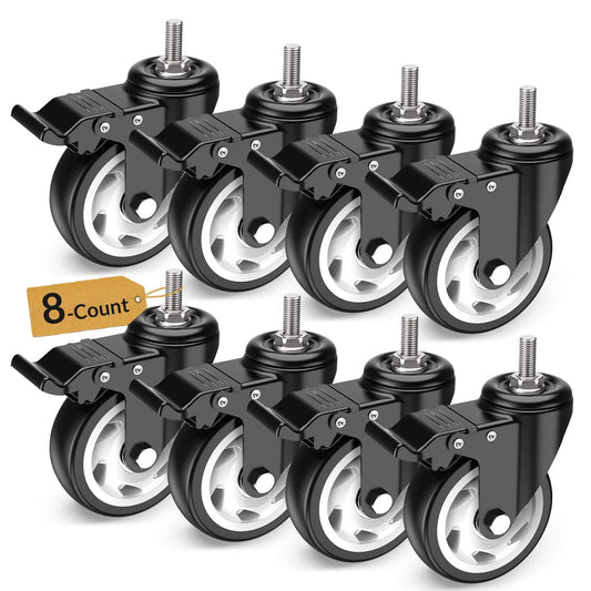 4 Inch Total Locking Stem Caster Wheels Heavy Duty Swivel Castors with 3/8 Inch 16 x 1 Threaded Stem Steel Housing PVC Wheels Black 8 Pack