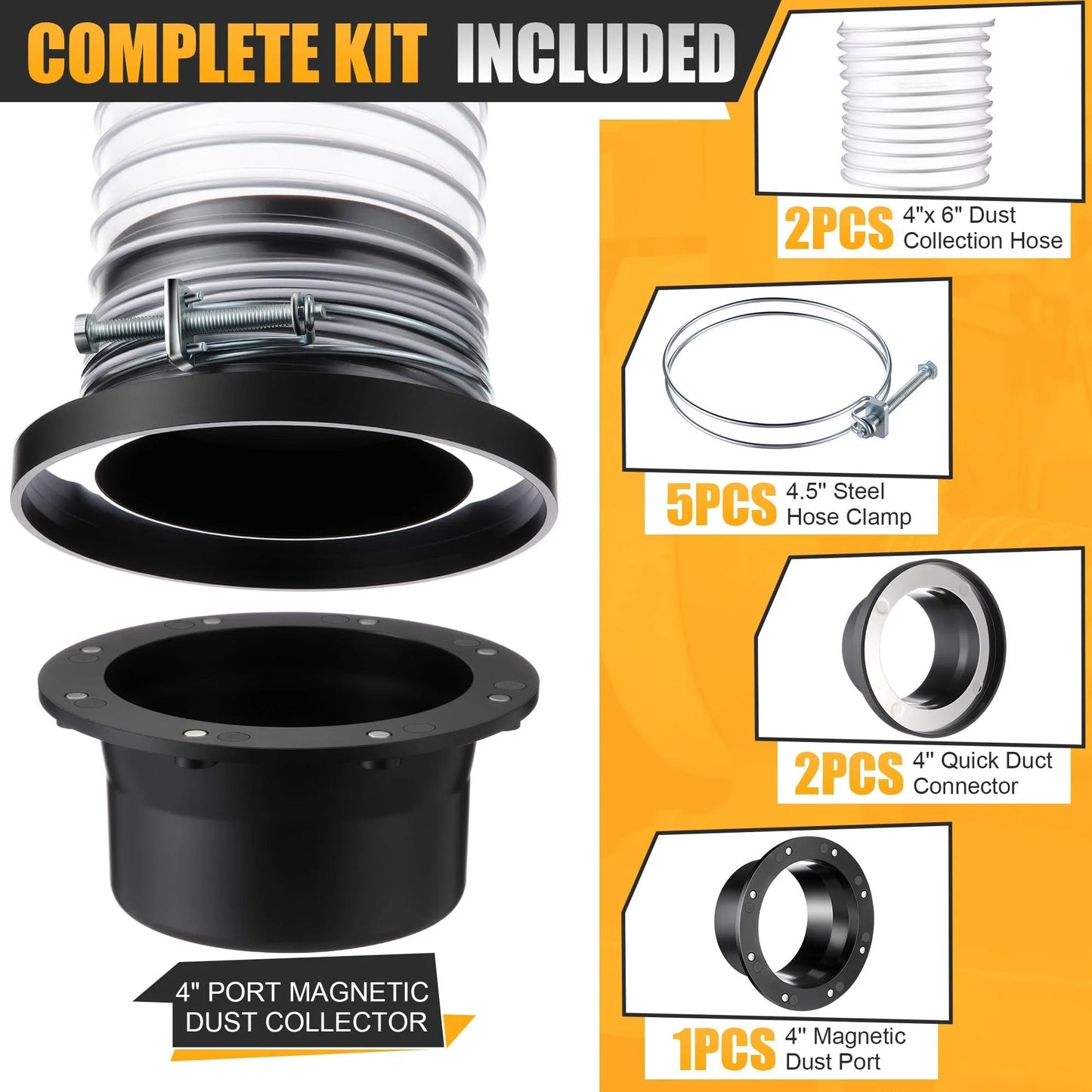 4 Inch Magnetic Dust Collector Fast Connect System Starter Kit With Neodymium Fittings Hose Couplers And Clamps For Workshop Dust Collection Plug And Play Attach And Quick Release For Flexible Woodworking And Garage Shop Setups Saillong showing the complete kit components.
