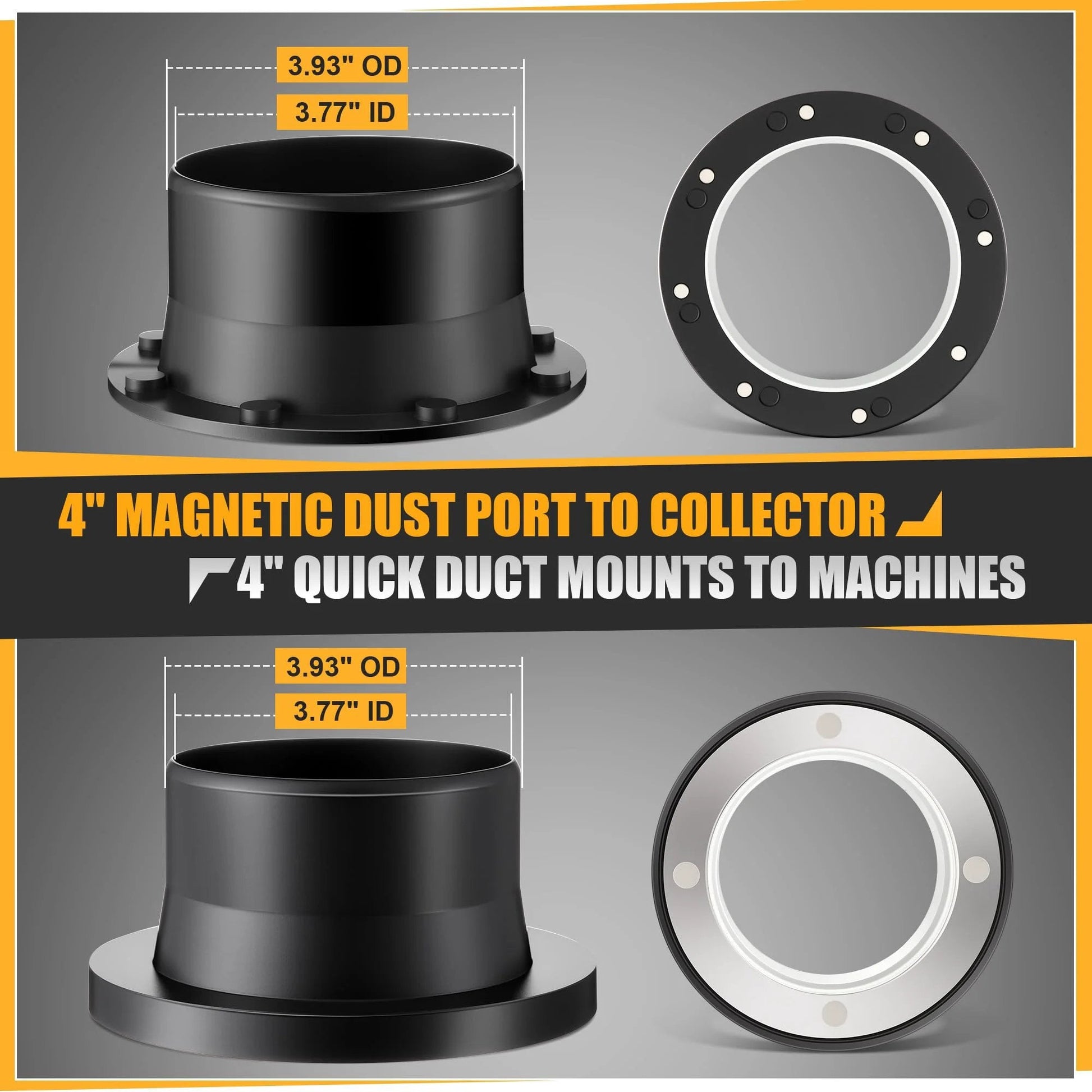 4 Inch Magnetic Dust Collector Fast Connect System Starter Kit With Neodymium Fittings Hose Couplers And Clamps for Workshop Dust Collection showing 4" magnetic dust port and duct mounts.