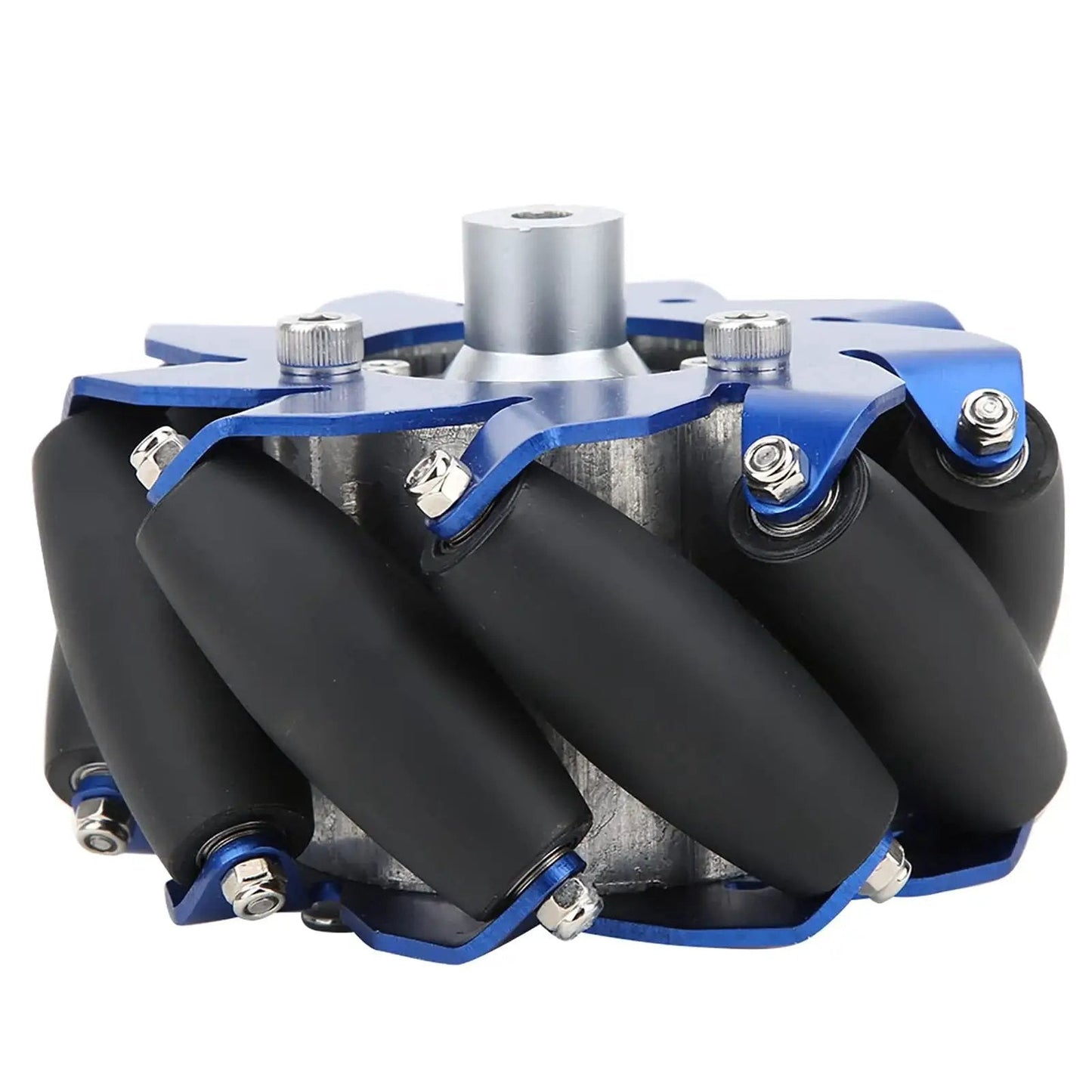 4-inch aluminum mecanum wheel with dual bearings, TPU rollers for omnidirectional movement in robots, featuring friction-resistant performance.