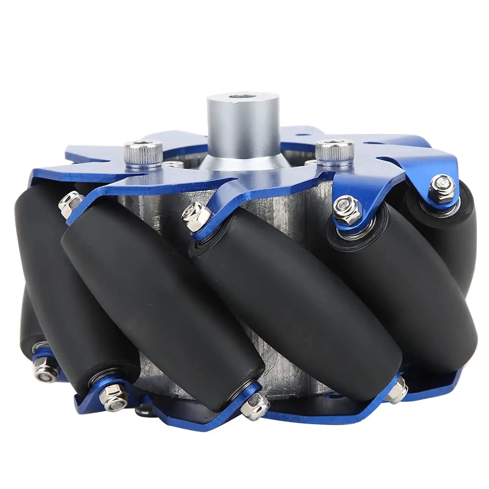 4-inch aluminum mecanum wheel with dual bearings, TPU rollers for omnidirectional movement in robots, featuring friction-resistant performance.