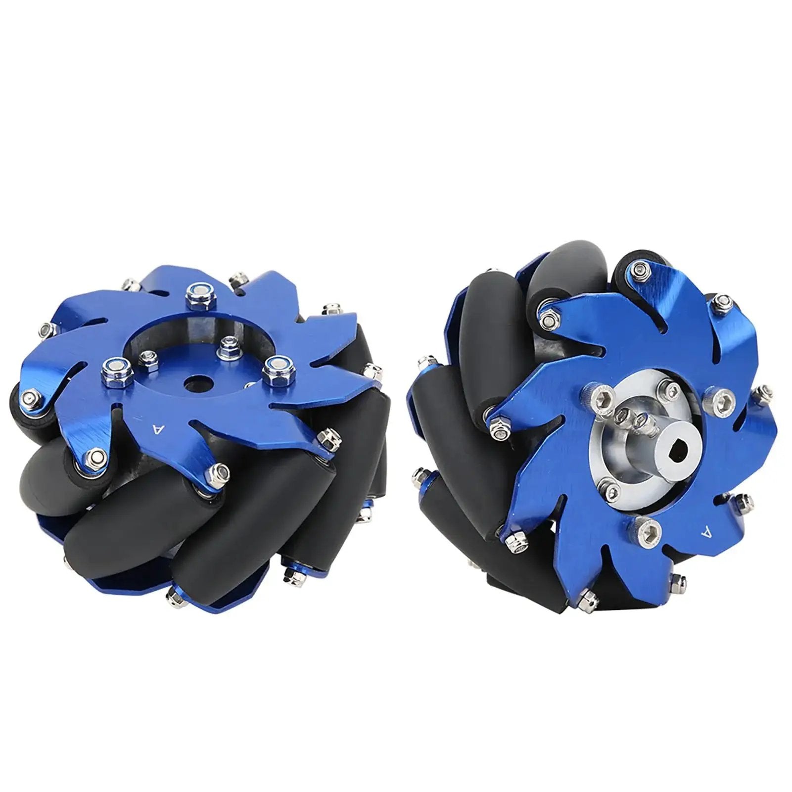 4 Inch Mecanum Wheel Right Aluminum With TPU Rubber Rollers For Industrial Robots shown in blue with end bearings