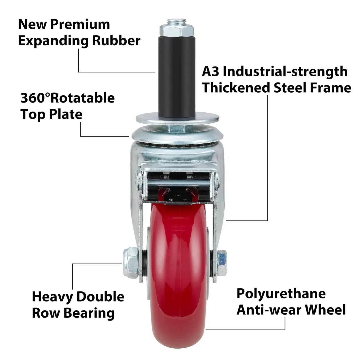 Front view of a 4 Inch Prep Table Caster Wheels Set Of 4, Heavy Duty Expanding Stem Casters For Stainless Steel Furniture Legs, Work Tables And Kitchen Benches, Fits Inner Diameters 7/8 In, 1 In, 1-1/2 In And 1-5/8 In, With Brakes, showing expanding stem and red polyurethane wheel.