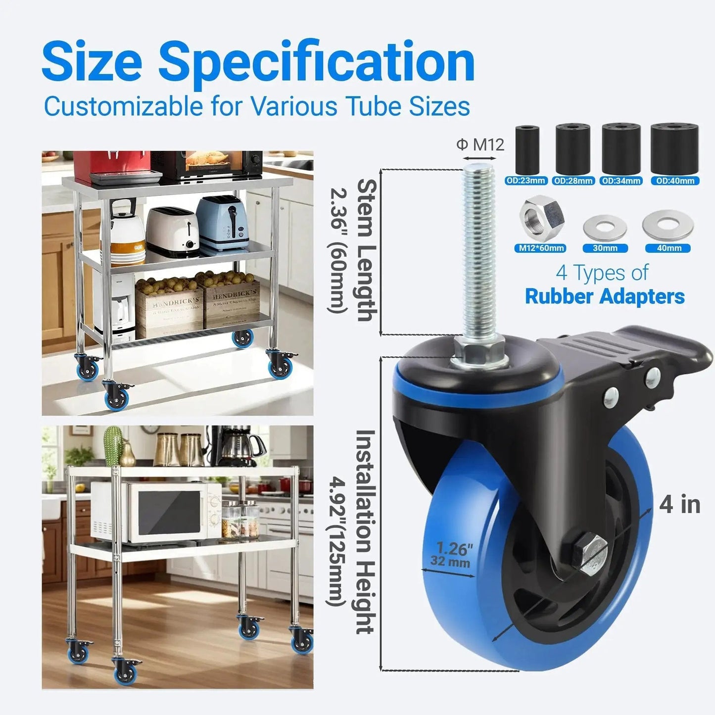 4 Inch Prep Table Caster Set Of 4 With Swivel Expanding Stem And Brakes For Stainless Steel Tables And Carts, Dual Bearing Design