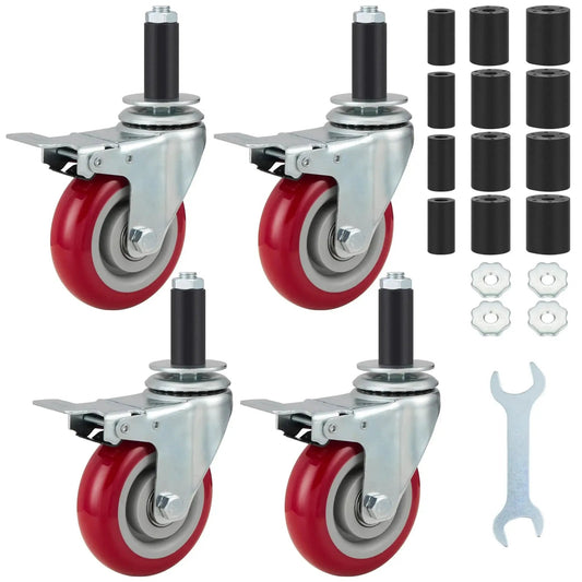 4 Inch Prep Table Caster Wheels Set Of 4, Heavy Duty Expanding Stem Casters For Stainless Steel Furniture Legs, with accessories