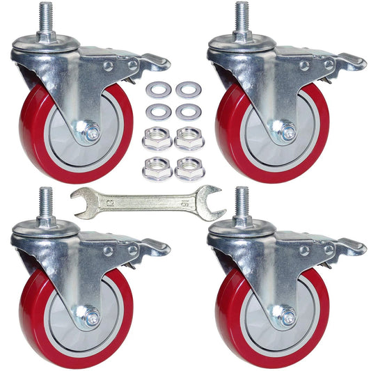4 Inch Heavy Duty Stem Casters With 360 Degree Swivel And Double Locking Brake Red PVC Wheels M12 1.75 Thread Thickened Galvanized Bracket Load Capacity Up To 1200 Pounds Pack Of Four For Workbenches Furniture Carts