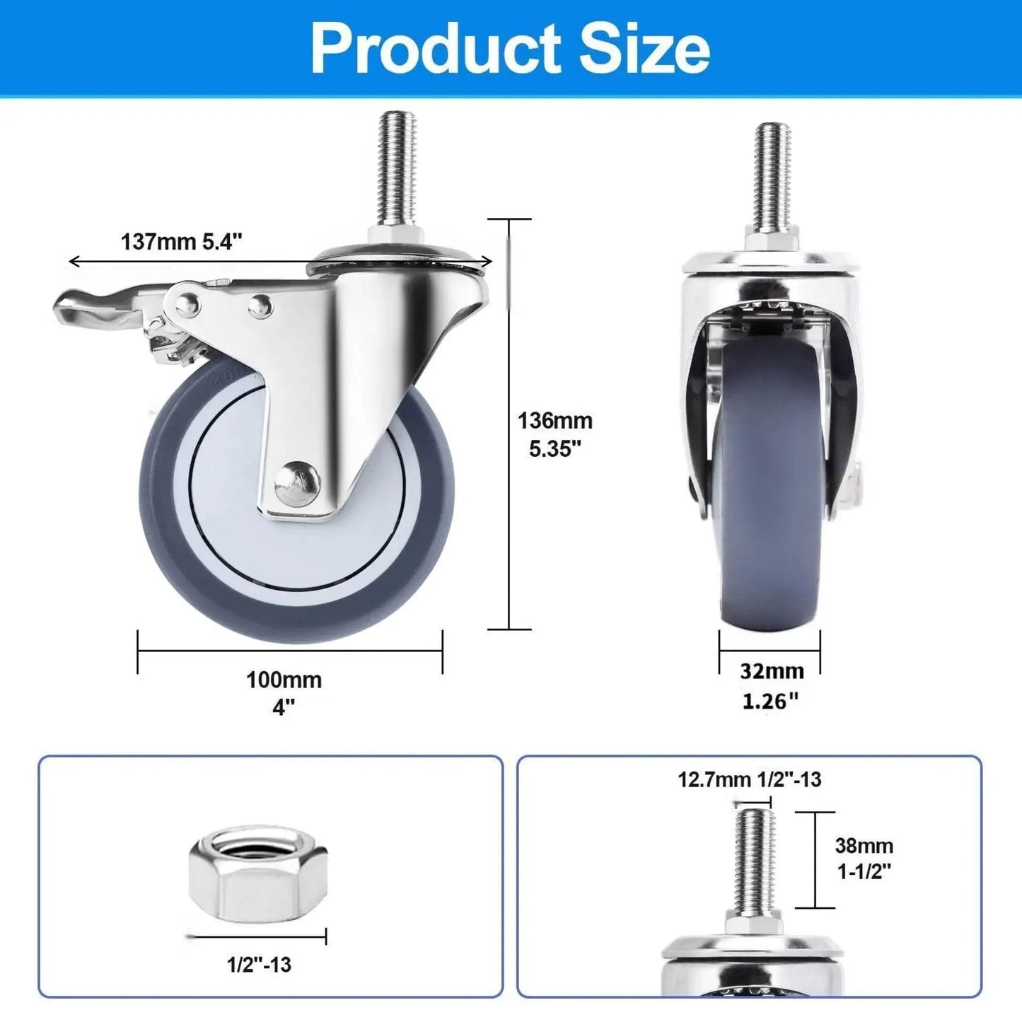 Diagram of Four Inch Stainless Steel Caster Wheels with Brake, Rust Resistant Non Marking TPR Rubber, various stem sizes shown.