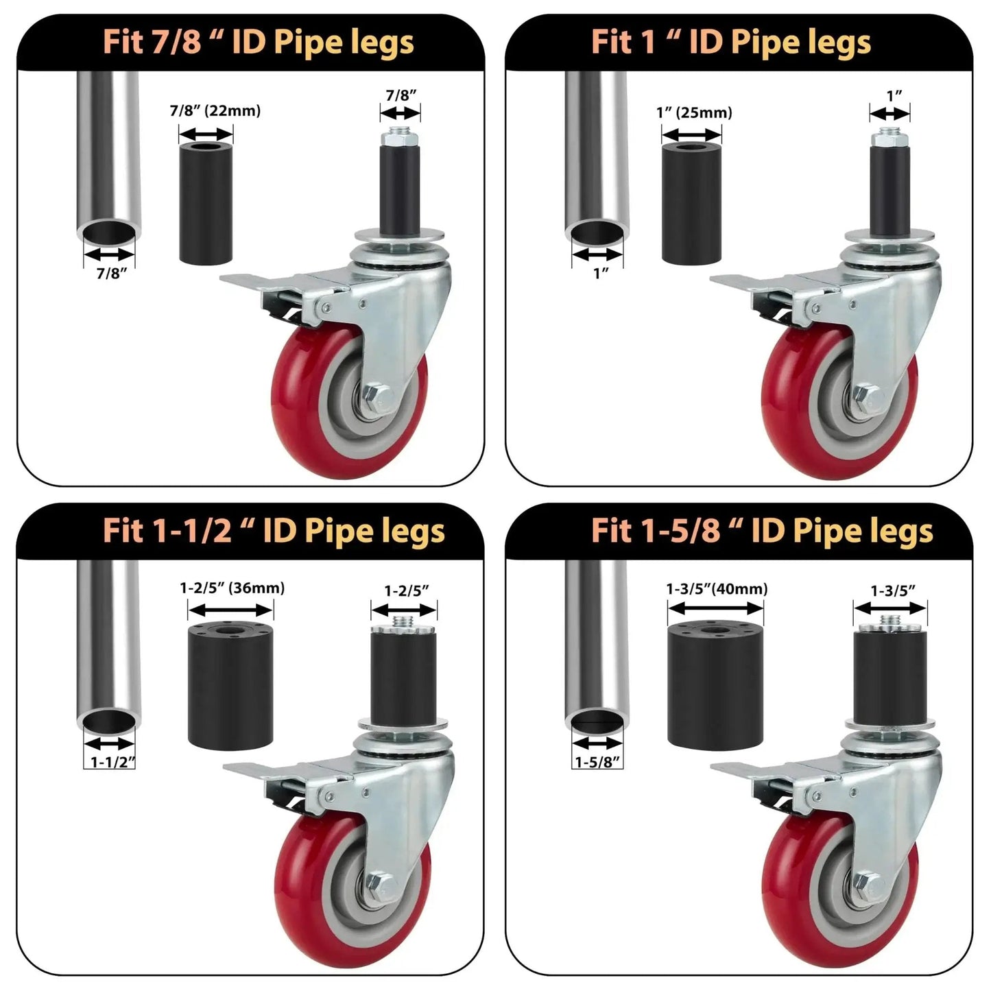 4 Inch Prep Table Caster Wheels Set Of 4, Heavy Duty Expanding Stem Casters For Stainless Steel Furniture Legs, Work Tables And Kitchen Benches, Fits Inner Diameters 7/8 In, 1 In, 1-1/2 In And 1-5/8 In, With Brakes, shown in four sizes