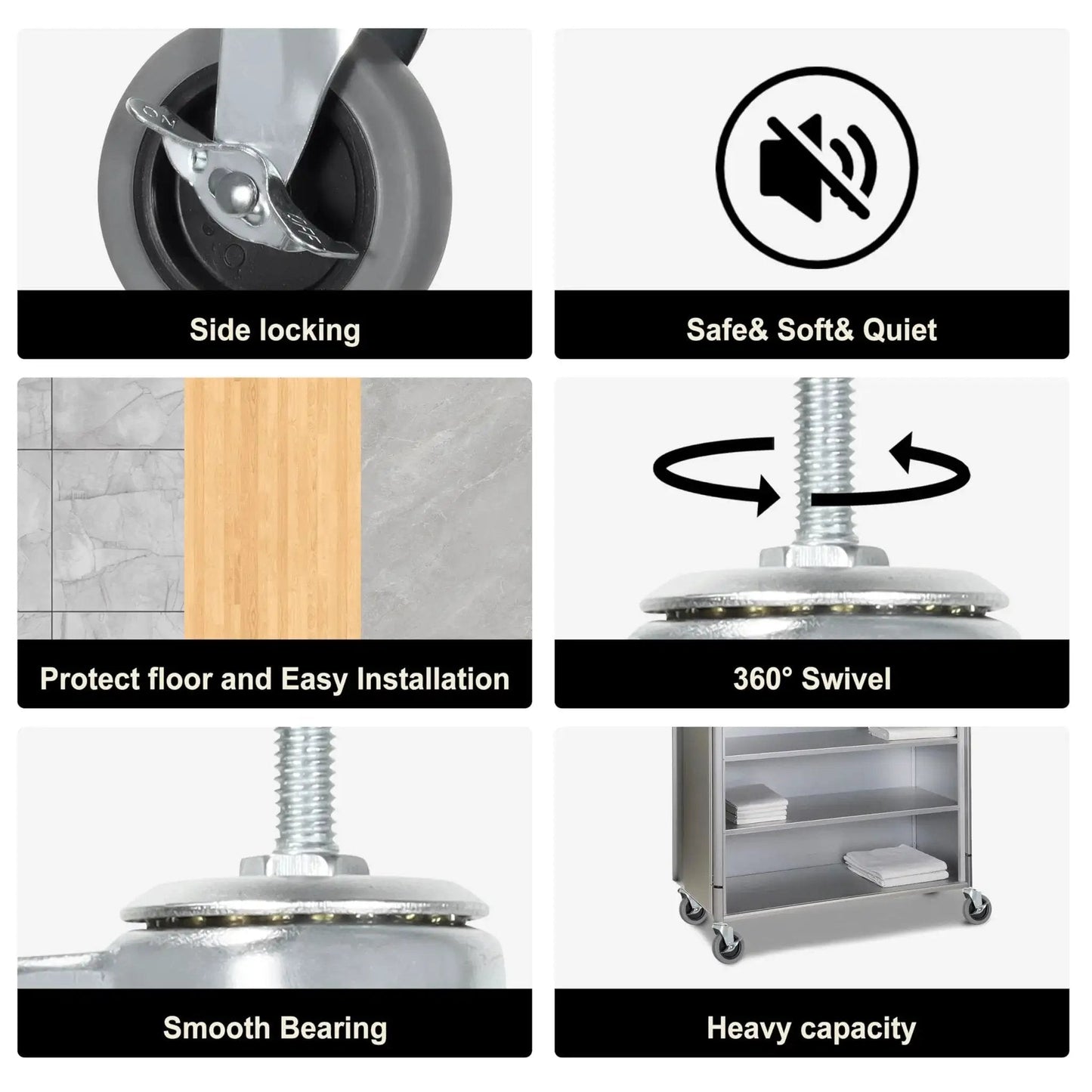 Image collage of 4 Inch Stem Casters With Imperial 5/16-18 x 1 Inch Thread Heavy Duty TPR Wheels. Features like side locking, quiet operation, smooth bearing, and swivel are shown with images of wheels and installation details.