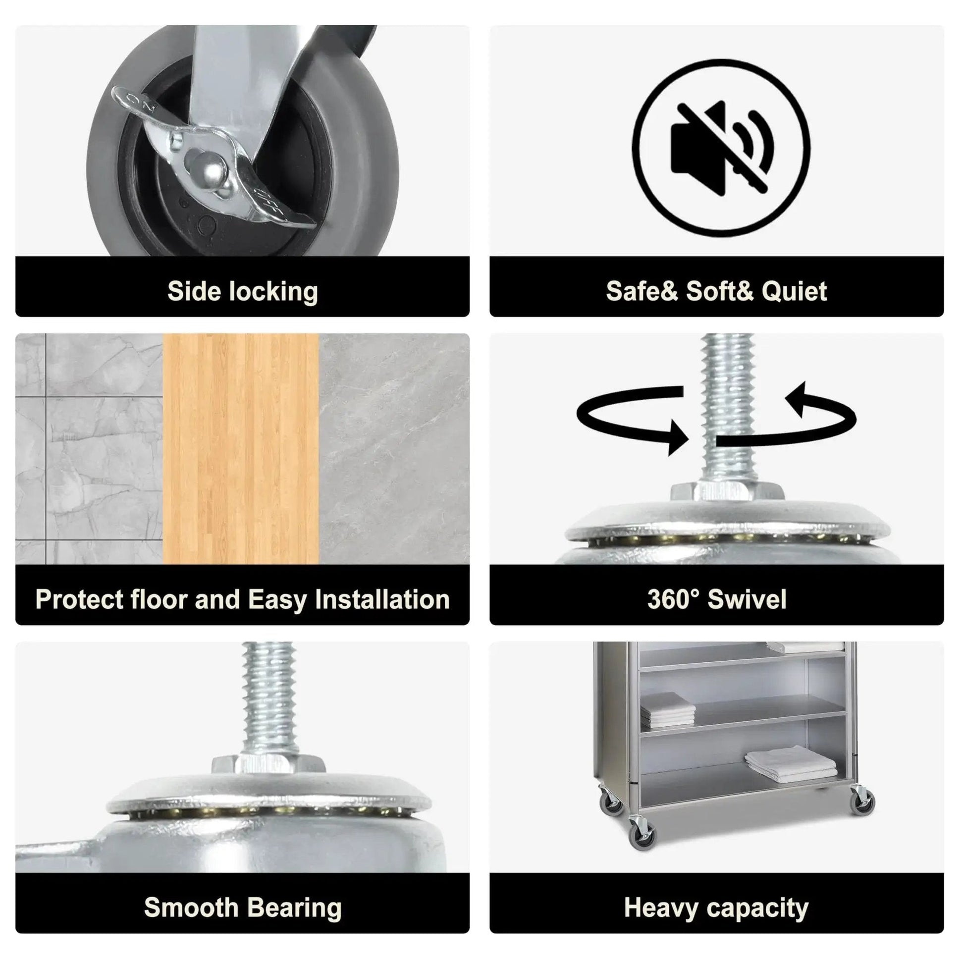 Image collage of 4 Inch Stem Casters With Imperial 5/16-18 x 1 Inch Thread Heavy Duty TPR Wheels. Features like side locking, quiet operation, smooth bearing, and swivel are shown with images of wheels and installation details.