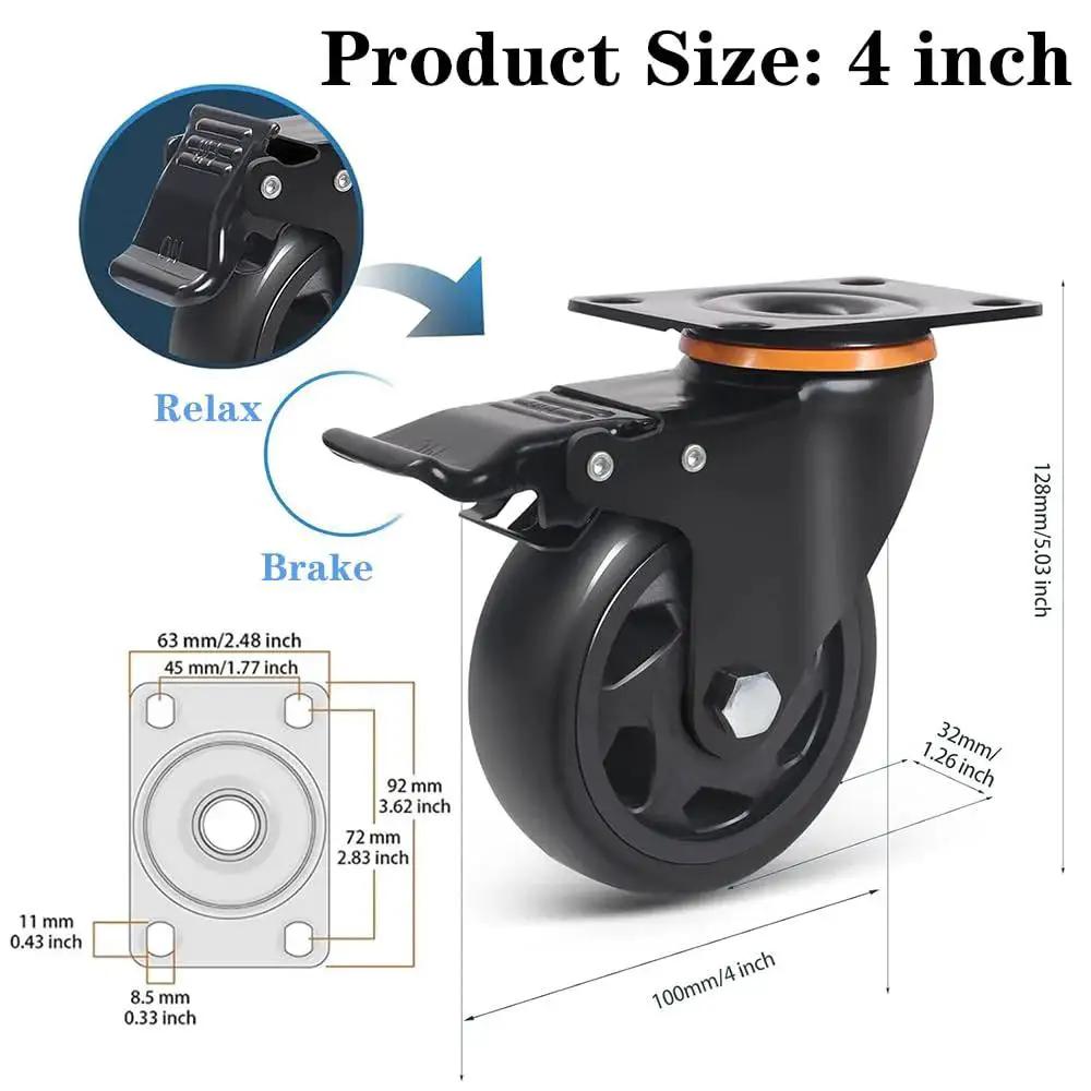 4 Inch Swivel Caster Wheels Set Of 6 With Brakes Heavy Duty Polyurethane Locking Casters For Cart Workbench And Trolley