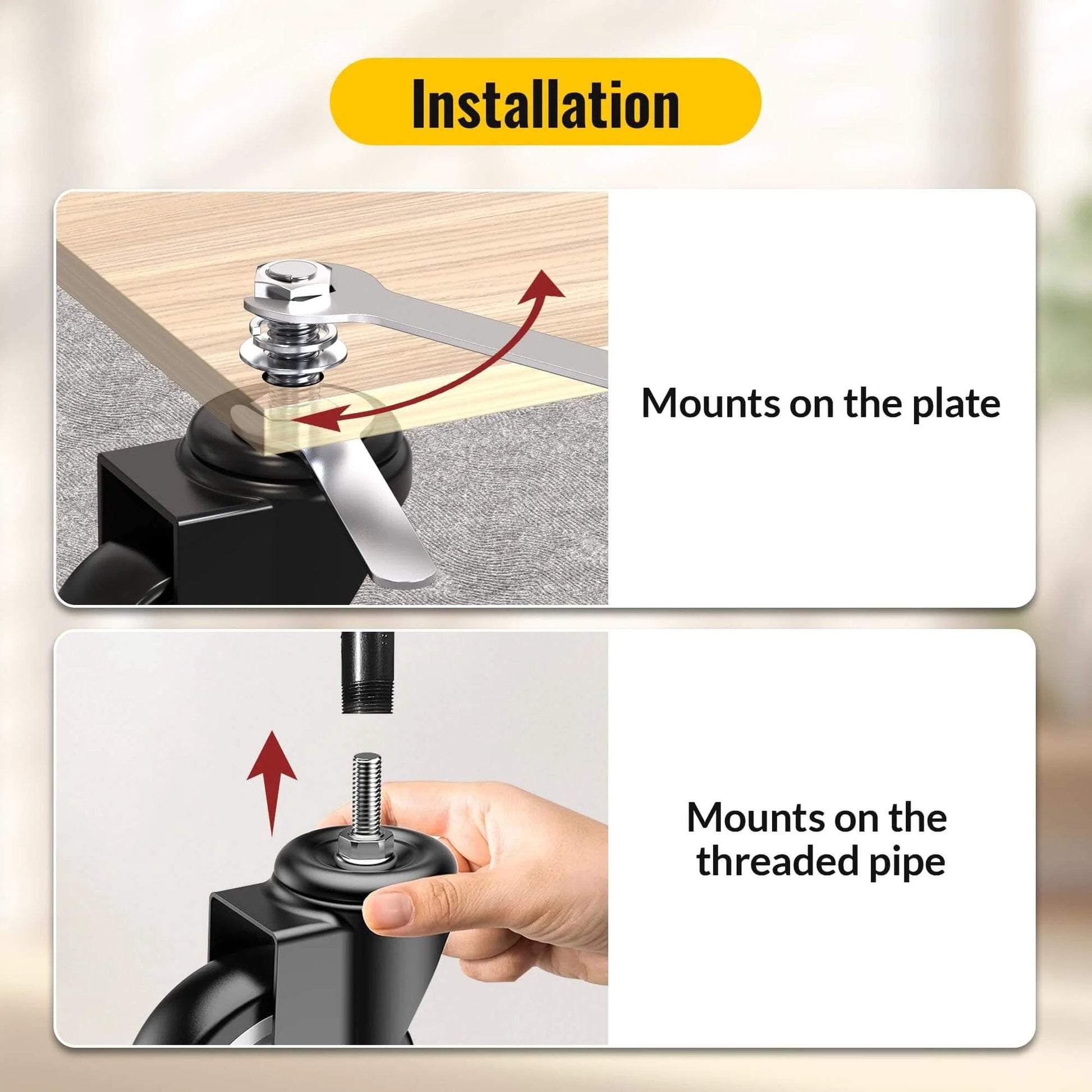 Installation guide for 4 Inch Caster Wheels No Brake Stem Casters Set of 4 Heavy Duty Swivel Castors showing mounting on plate and pipe