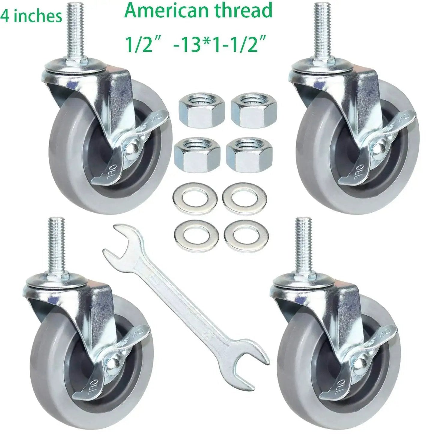 Heavy Duty 4 Inch Threaded Stem Swivel Caster Wheels With 1/2-13 UNC Threads, non marking TPR rubber, wrench and hardware.