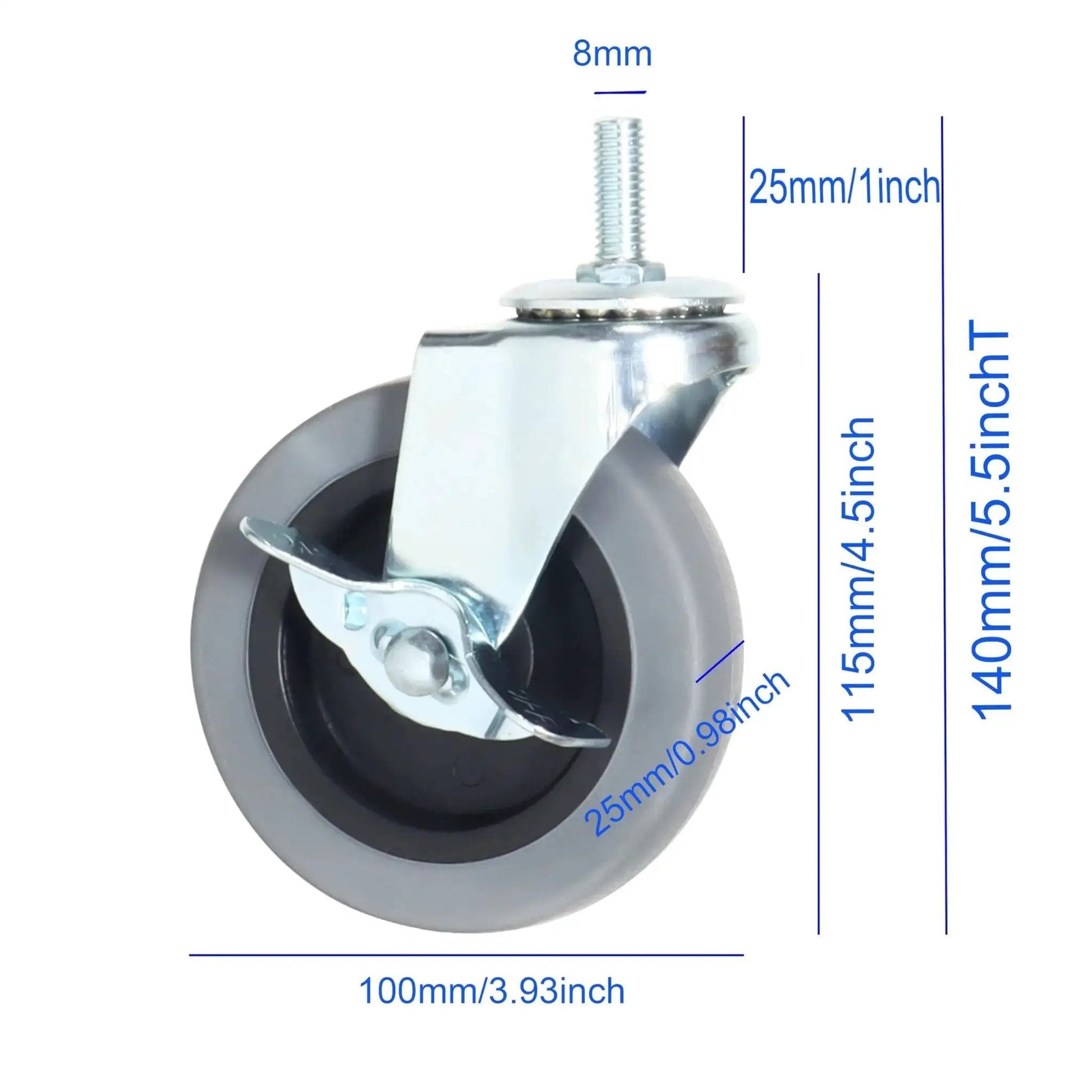 4 Inch Heavy Duty Swivel Casters With Threaded Stem M8 1.25 X 25mm Locking Castors Set Of 4 For Furniture Workbenches And Carts