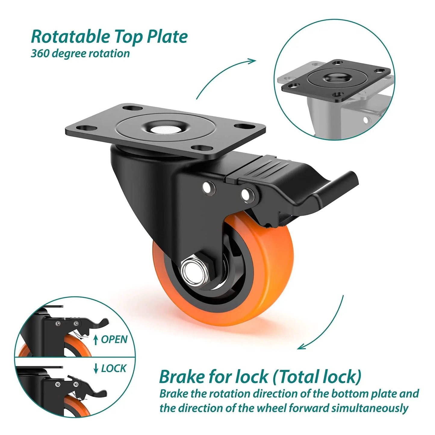 4 Inch Swivel Caster Wheels With Safety Total Lock And 360 Degree Rotation Heavy Duty Plate Casters Total Capacity 1200 Lbs For Flight Cases Mobile Workstations Trolleys Pack Of 4 Orange, close-up view of one caster wheel showing lock mechanism and swivel plate.