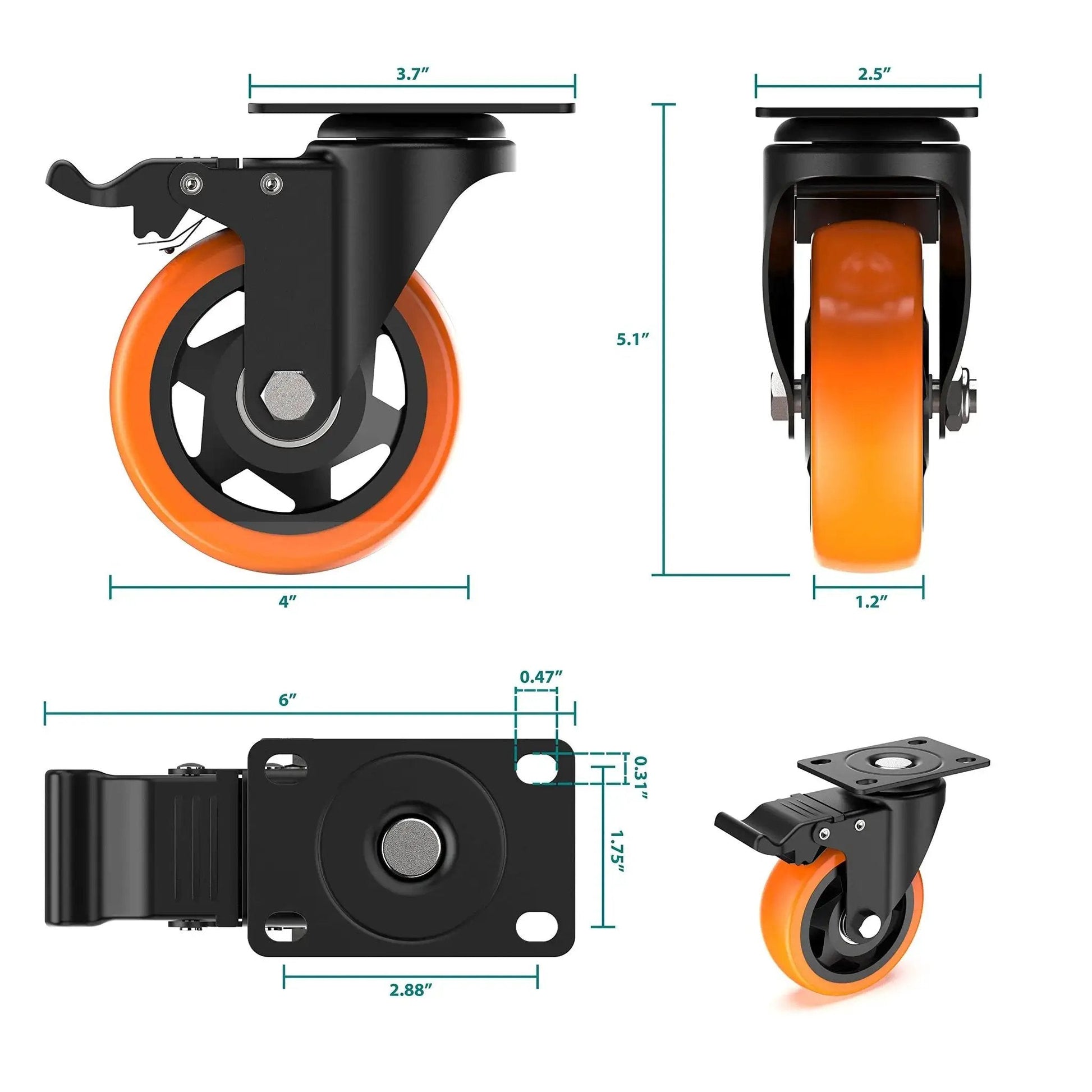 4 Inch Swivel Caster Wheels With Safety Total Lock and 360 Degree Rotation Heavy Duty Plate Casters Total Capacity 1200 Lbs For Flight Cases Mobile Workstations Trolleys Pack Of 4 Orange, showing front, side, and top views with dimensions.