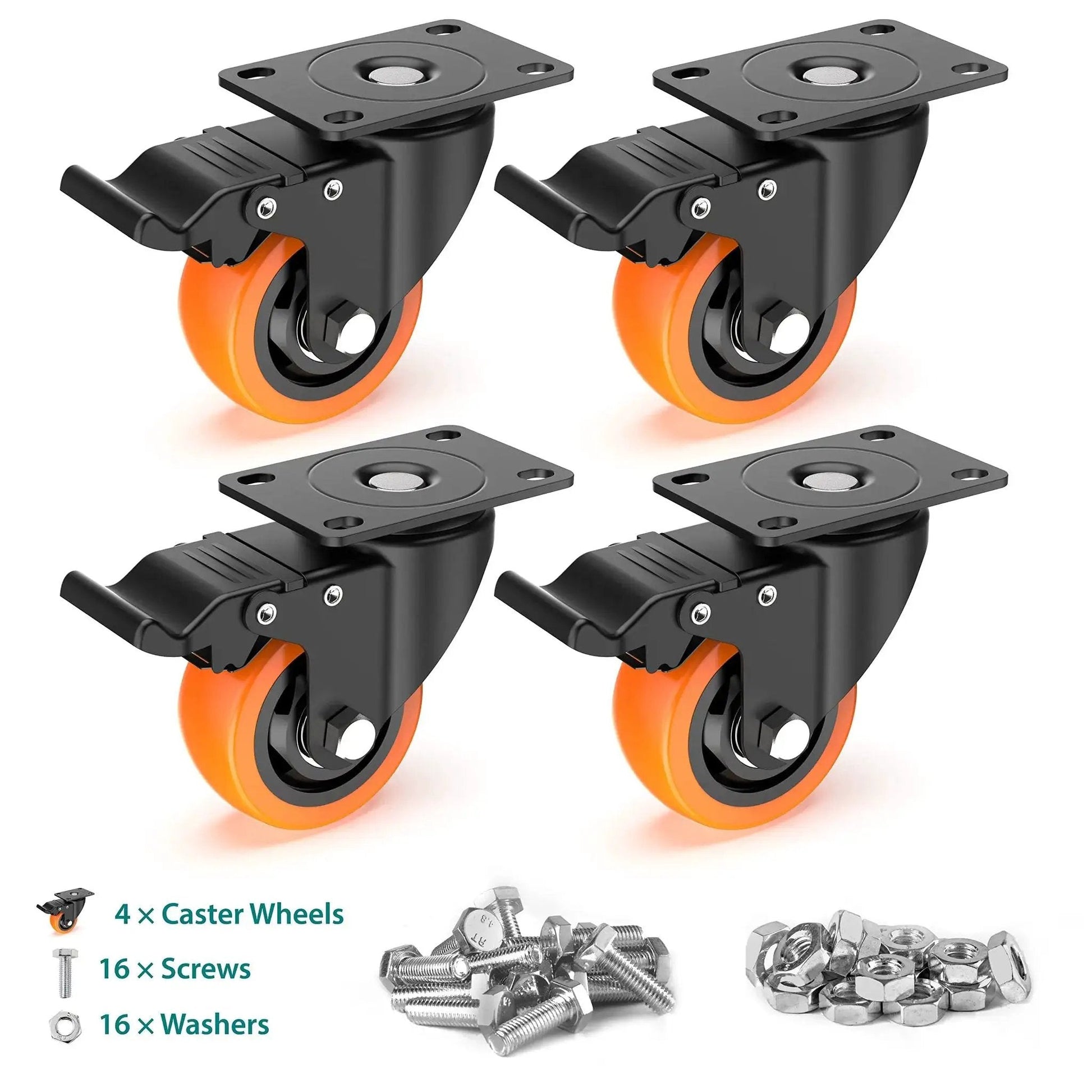 4 Inch Swivel Caster Wheels With Safety Total Lock And 360 Degree Rotation Heavy Duty Plate Casters Total Capacity 1200 Lbs For Flight Cases Mobile Workstations Trolleys Pack Of 4 Orange, shown with screws and washers