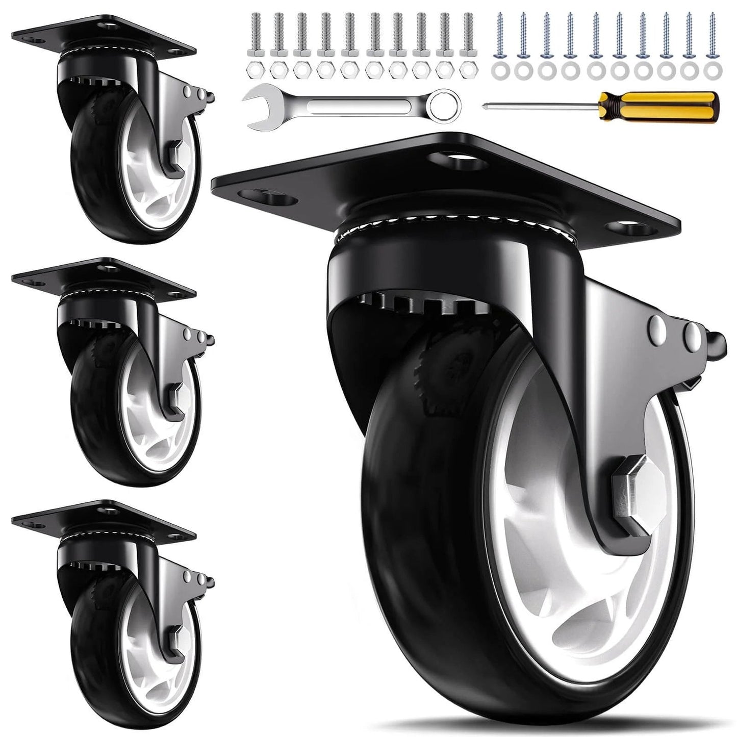 4 inch heavy duty caster wheels set of 4 rated 2400 lb total with 360 swivel dual locking brakes silent non marking wheels for workbenches carts cabinets & furniture easy mount hardware included