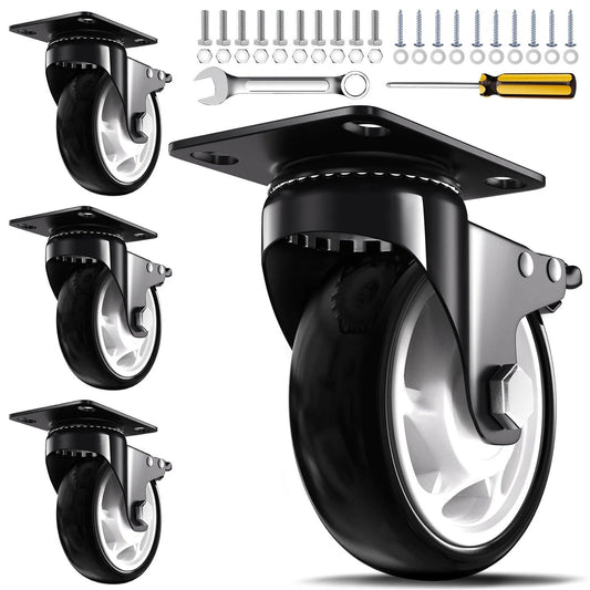 4 inch heavy duty caster wheels set of 4 rated 2400 lb total with 360 swivel dual locking brakes silent non marking wheels for workbenches carts cabinets & furniture easy mount hardware included