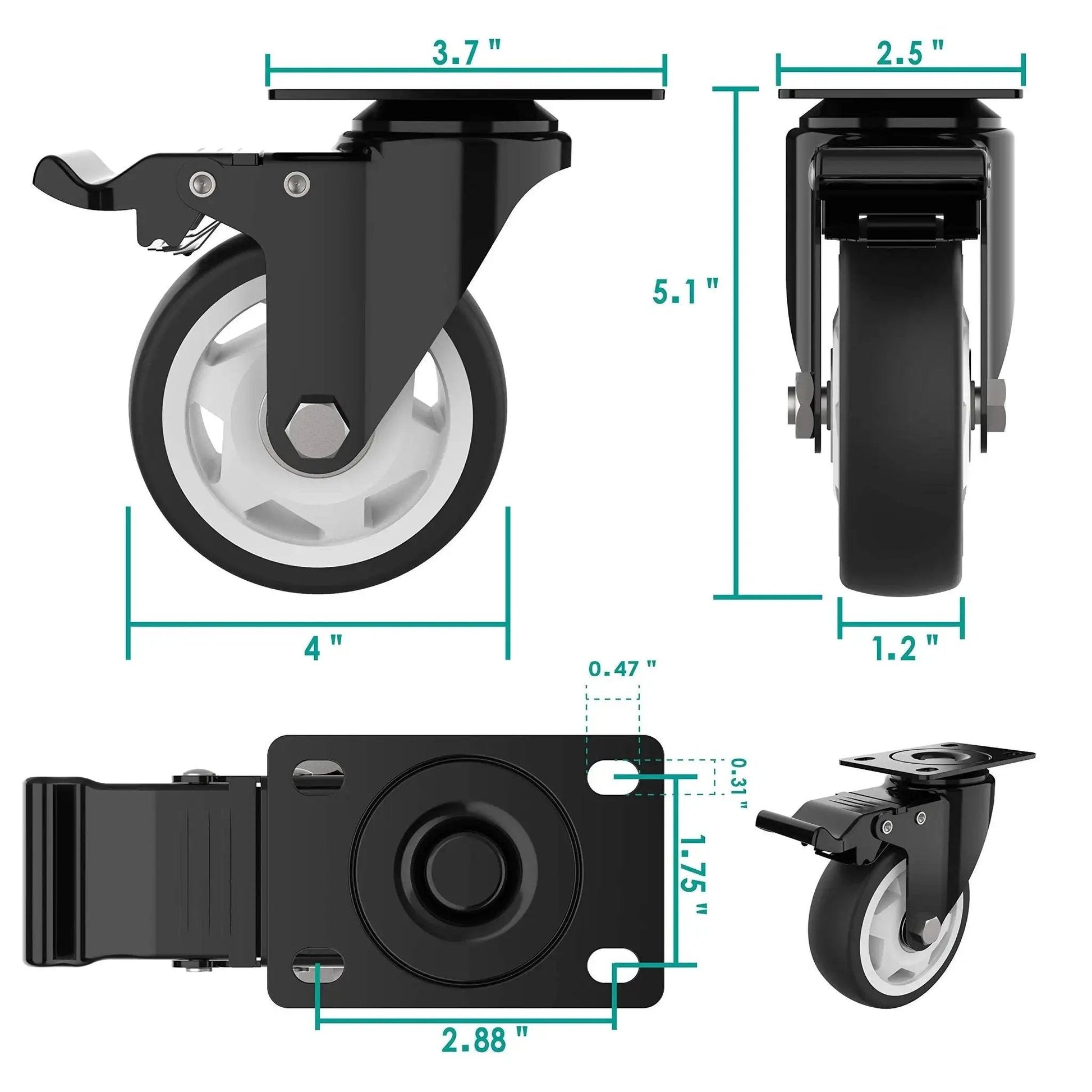 4 Inch Swivel Caster Wheels With Safety Total Lock And 360 Degree Rotation, Heavy Duty Plate Casters Set Of 4, Premium Steel Housing