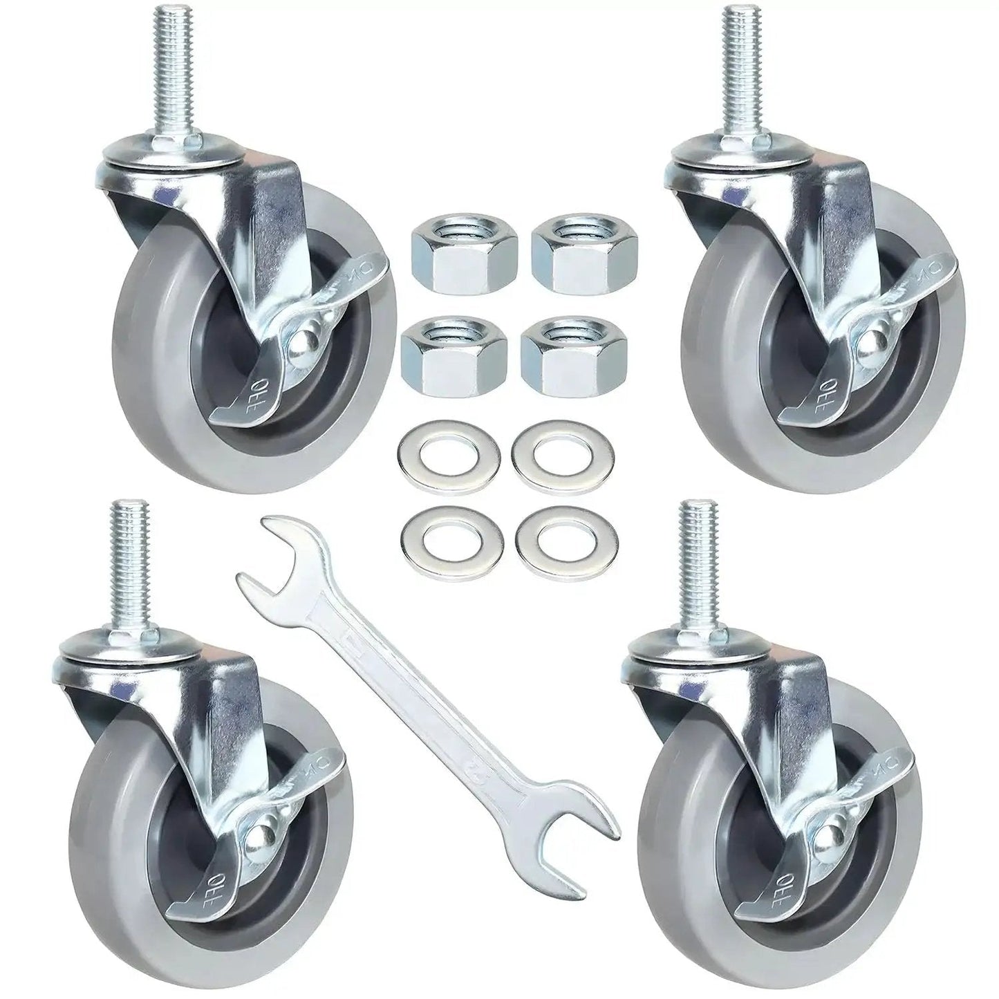 Heavy Duty 4 Inch Threaded Stem Swivel Caster Wheels With 1/2-13 UNC Threads, Non Marking Soft TPR Rubber, Durable Castors with Side Brake
