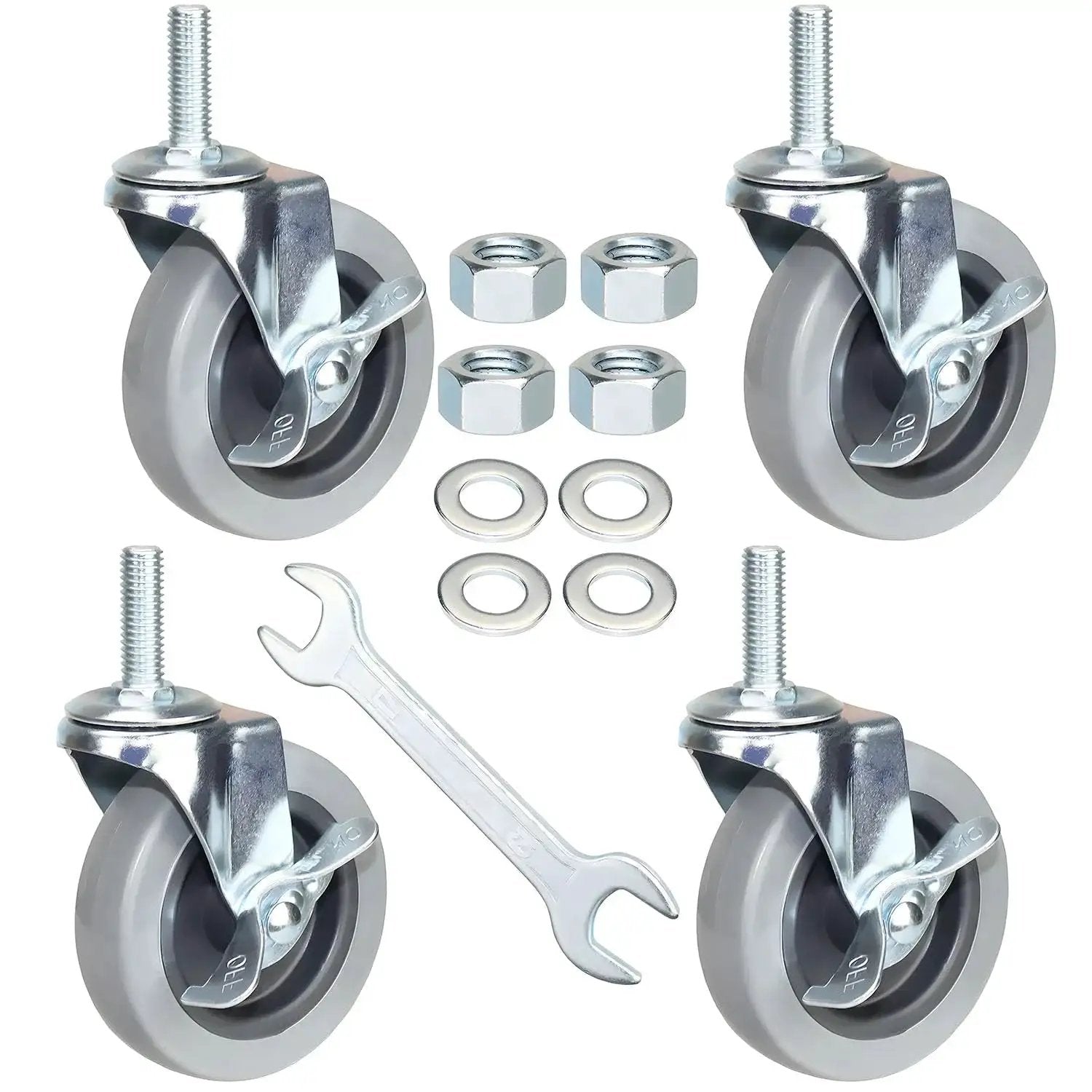 Heavy Duty 4 Inch Threaded Stem Swivel Caster Wheels With 1/2-13 UNC Threads, Non Marking Soft TPR Rubber, Durable Castors with Side Brake