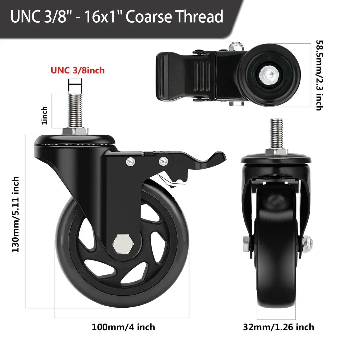 Front, side, and top views of 4 Inch Swivel Threaded Stem Caster Wheels Set Of 4 Heavy Duty 2000 Lb Capacity Locking Casters UNC 3/8-16 X 1 Inch Stem Size For Workbenches Carts And Furniture Durable Mobility For Heavy Loads, showing measurement details.