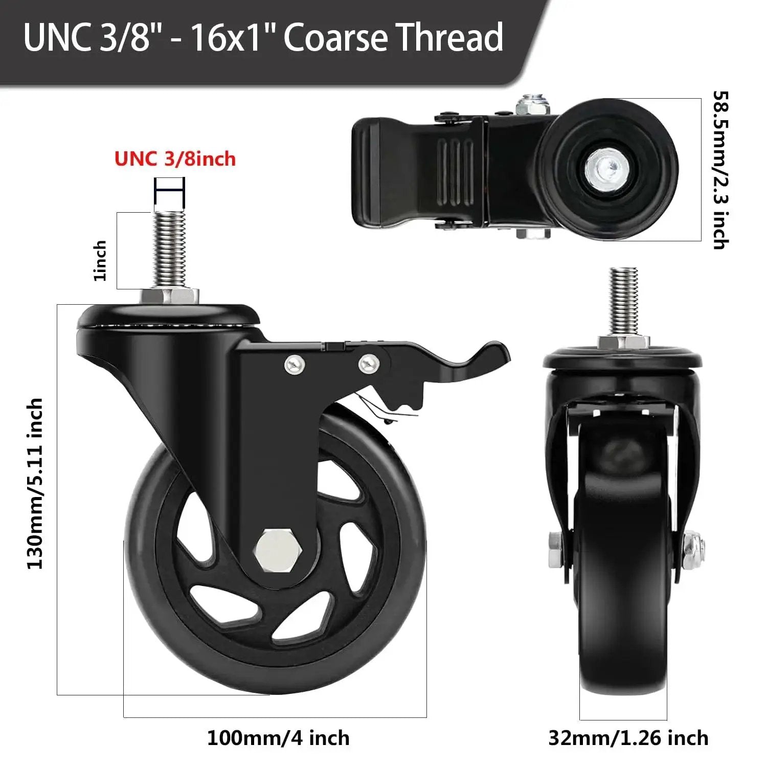 Front, side, and top views of 4 Inch Swivel Threaded Stem Caster Wheels Set Of 4 Heavy Duty 2000 Lb Capacity Locking Casters UNC 3/8-16 X 1 Inch Stem Size For Workbenches Carts And Furniture Durable Mobility For Heavy Loads, showing measurement details.