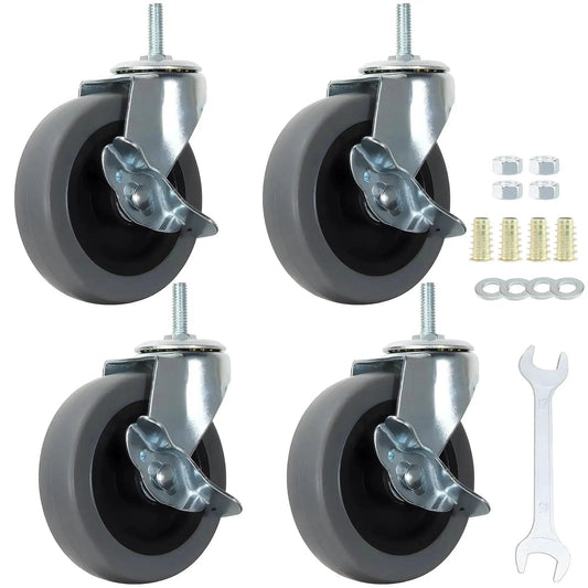 4 Inch Stem Casters With Imperial 5/16-18 x 1 Inch Thread Heavy Duty TPR Wheels Quiet Castors With Side Brakes Pack Of 4