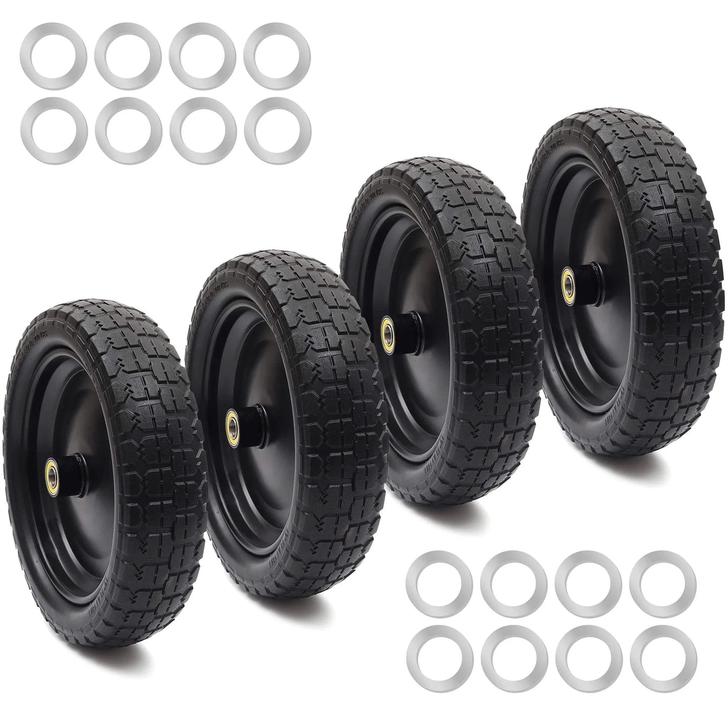 4 Pack 13 Inch Flat Free Solid Tire and Wheel with 5/8 Inch Axle Bore and 2.17 Inch Offset Hub for Garden Wagons
