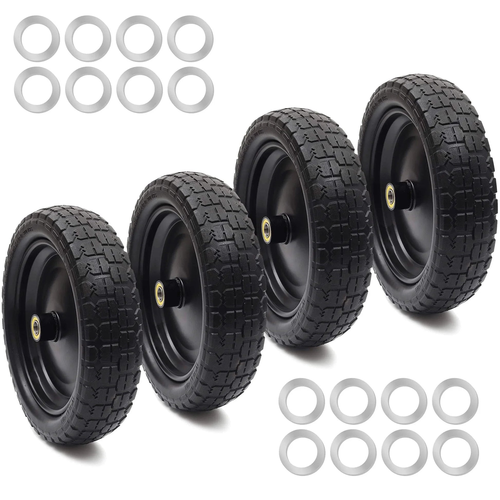 4 Pack 13 Inch Flat Free Solid Tire and Wheel with 5/8 Inch Axle Bore and 2.17 Inch Offset Hub for Garden Wagons