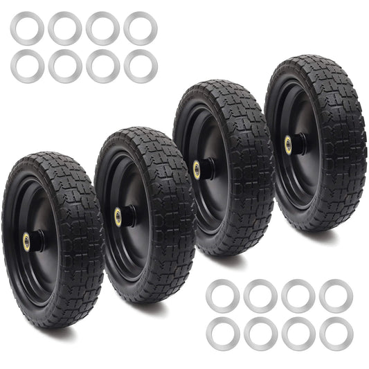 4 Pack 13 Inch Flat Free Solid Tire and Wheel with 5/8 Inch Axle Bore and 2.17 Inch Offset Hub for Garden Wagons
