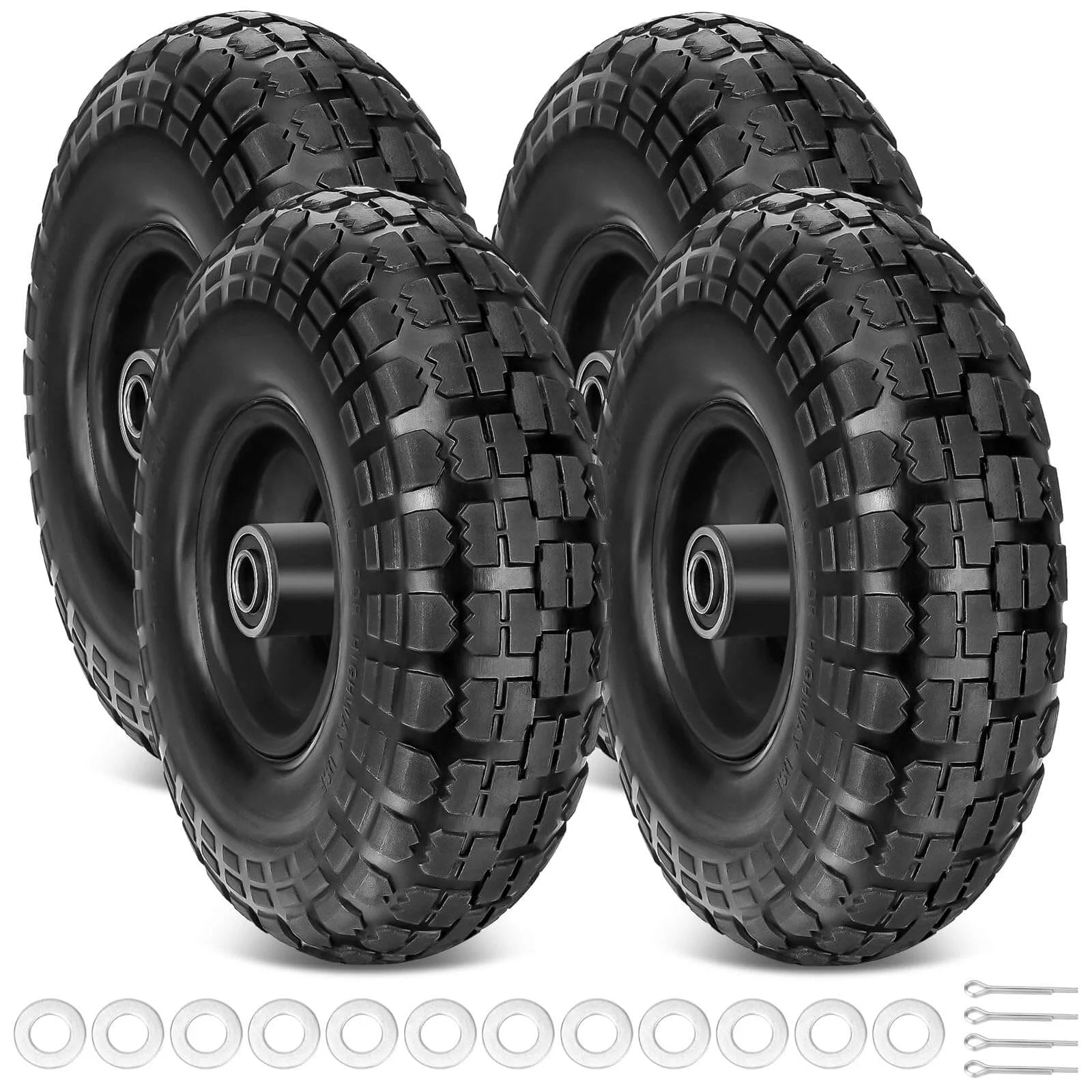 4.00-6 Flat Free Tire and Wheel Set, 13 Inch Solid Tires 4 Pack with 5/8 Inch Axle Bore, heavy duty black solid wheels.