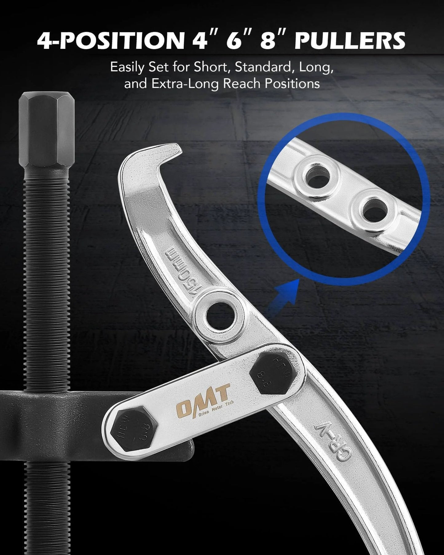 Gear Puller Set, 3" 4" 6" 8" Bearing Puller Kit, showing 4-position pullers with reversible jaws, pulley removal tool.