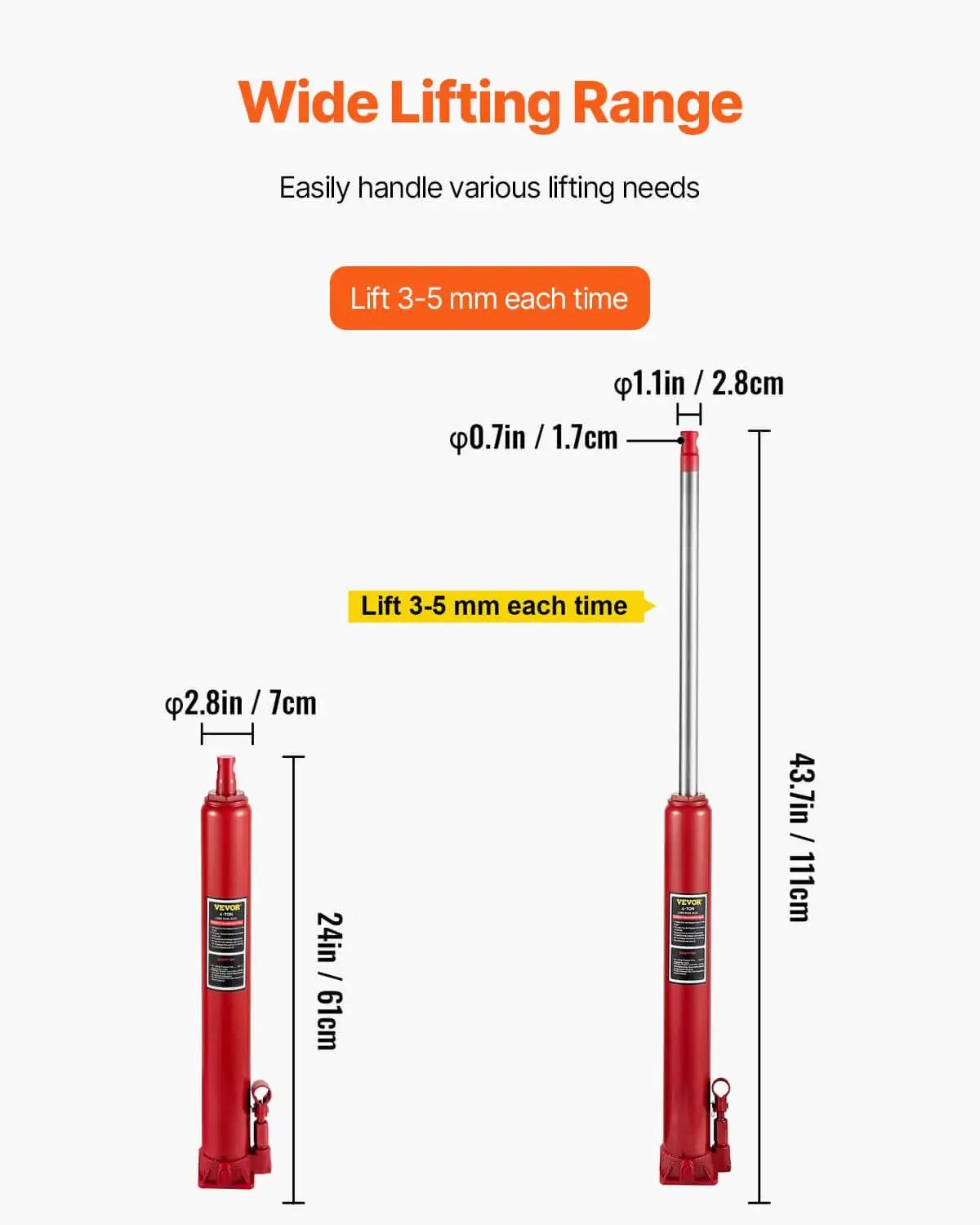 Heavy Duty 4 Ton Long Ram Hydraulic Jack With 8818 Lb Capacity For Engine Hoist And Garage Lifts, Manual Pump, Cherry Picker Ram, Flat Base, Handle Included, Red, showing lifting range and dimensions.