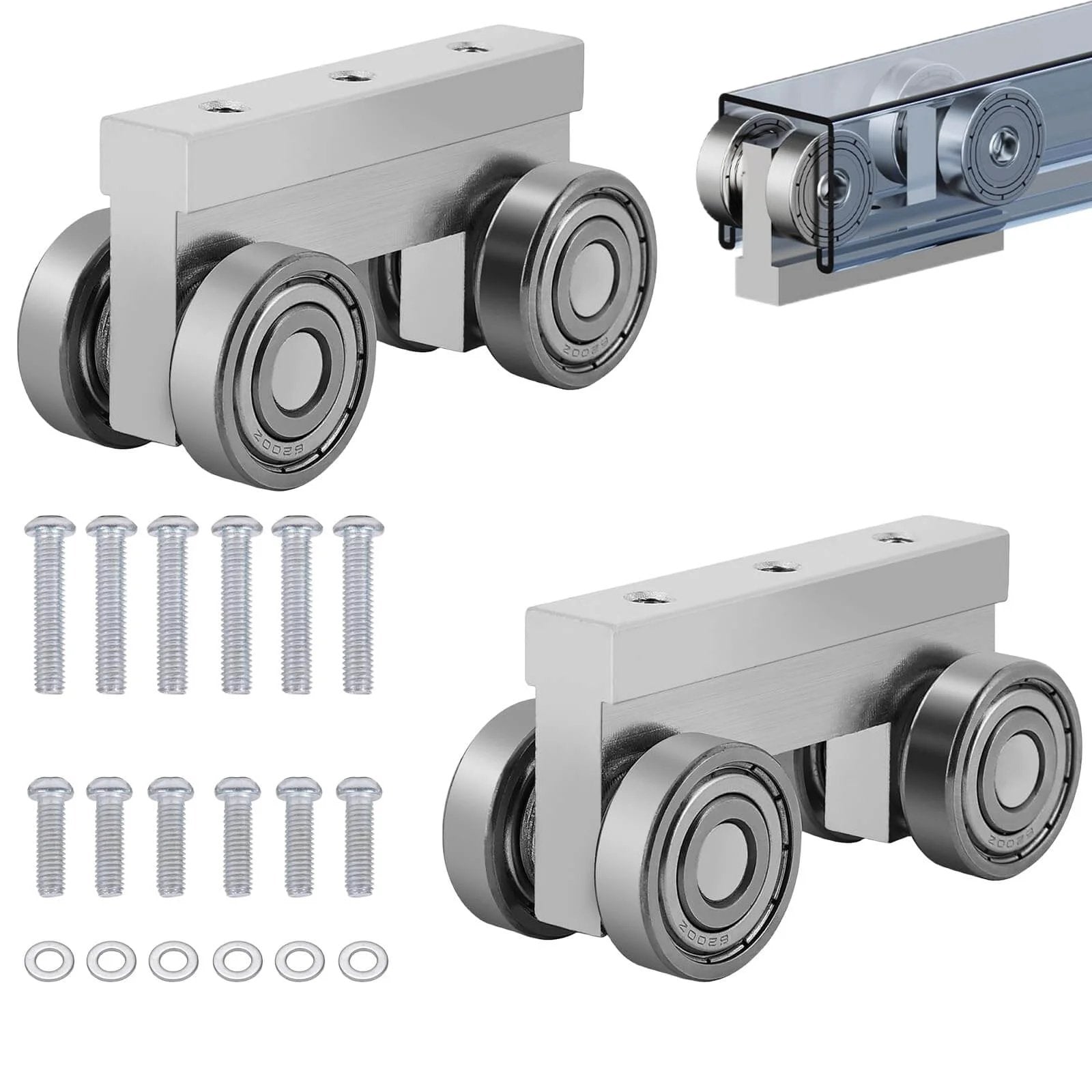 4 Wheel Trolley Assembly M5 Thread Rollers Four Bearing Trolley Assembly for 1-5/8" Wide and All 1-5/8" or Taller Strut Channel shown