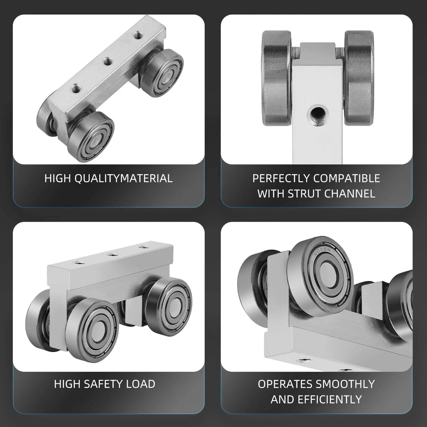 4 Wheel Trolley Assembly M5 Thread Rollers Four Bearing Trolley Assembly for 1-5/8" Wide and All 1-5/8" or Taller Strut Channel