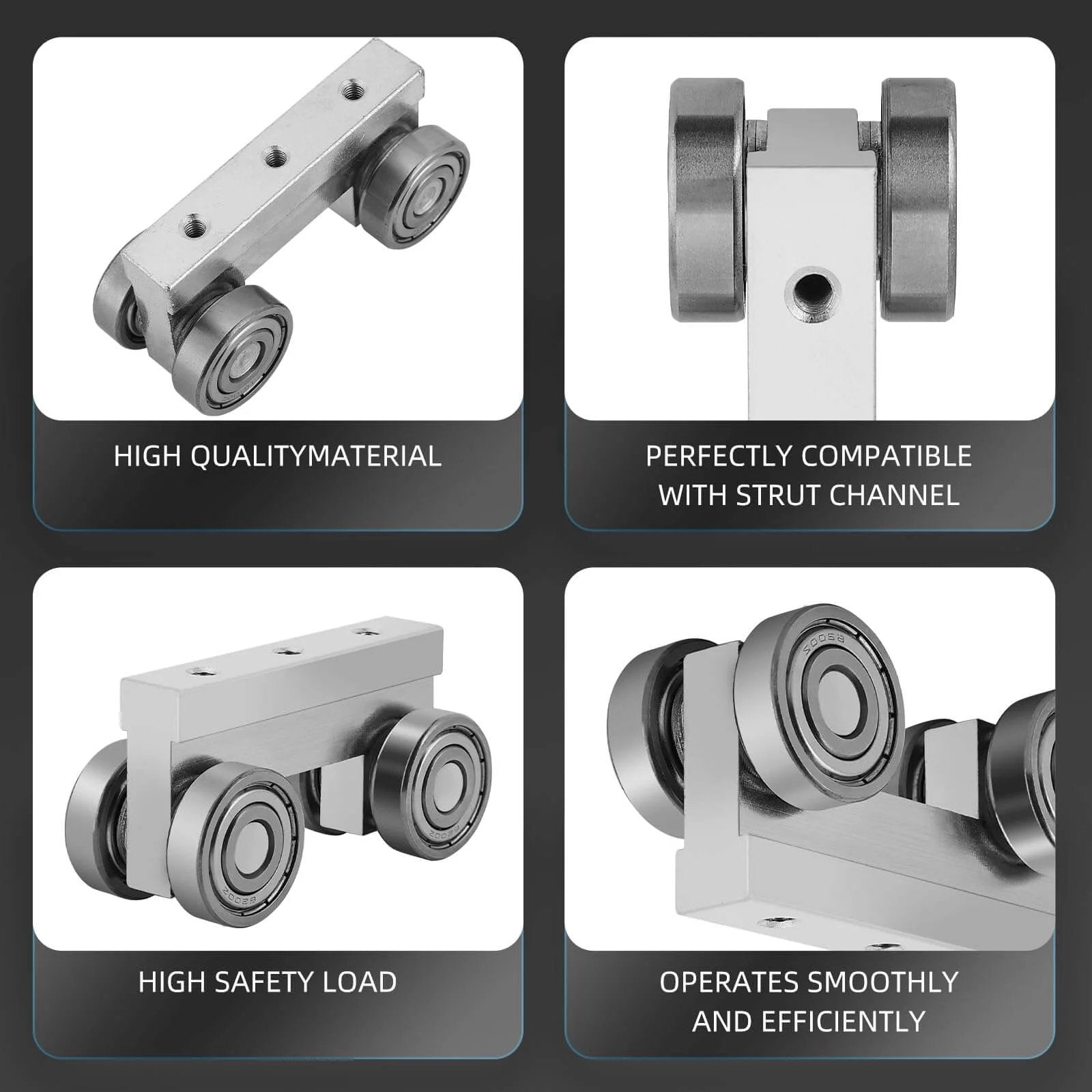4 Wheel Trolley Assembly M5 Thread Rollers Four Bearing Trolley Assembly for 1-5/8" Wide and All 1-5/8" or Taller Strut Channel