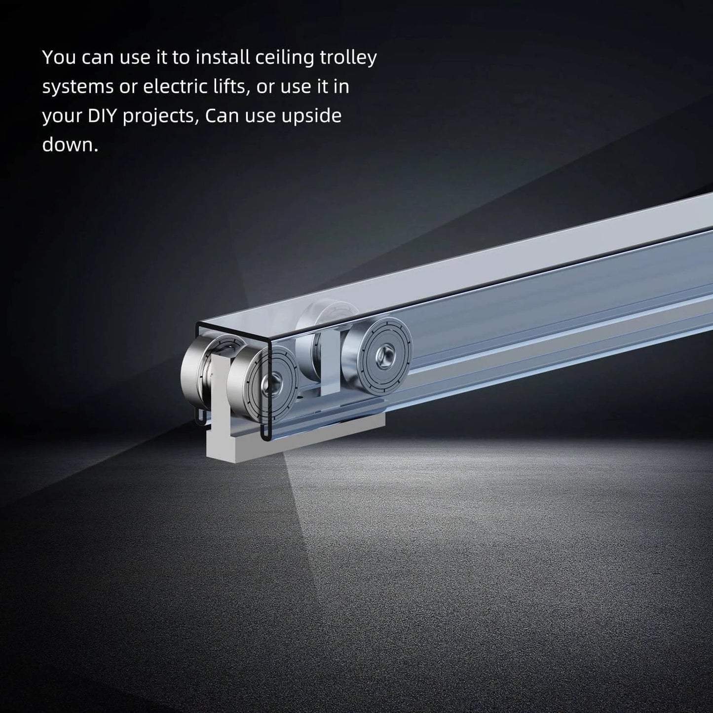 Side view of 4 Wheel Trolley Assembly M5 Thread Rollers Four Bearing Trolley on strut channel for automation systems