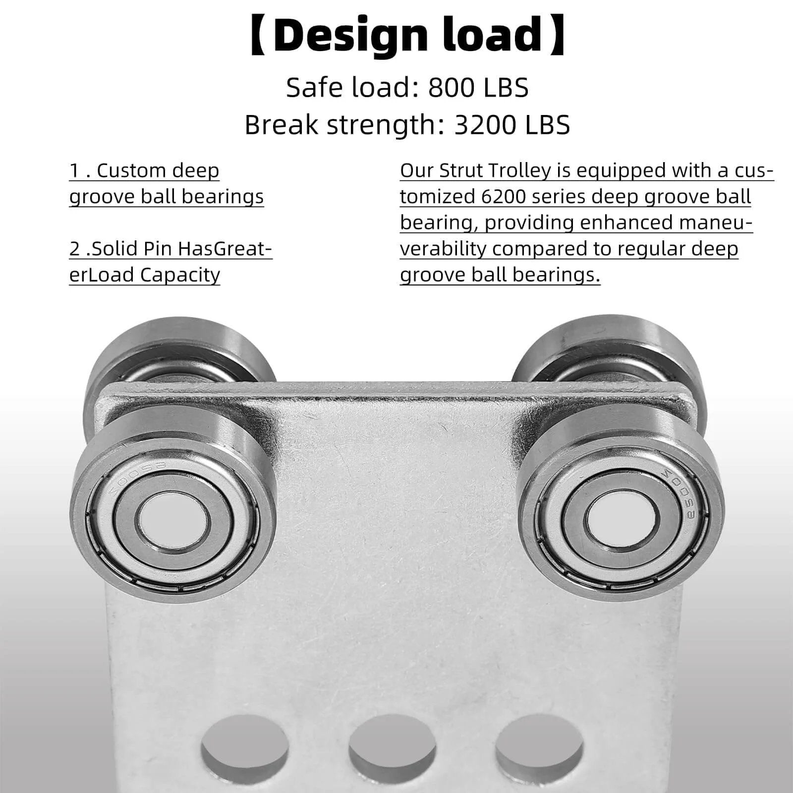 Close-up of 2Pcs 4 Wheel Trolley Assembly Rollers Four Bearing Trolley Assembly with load capacity details