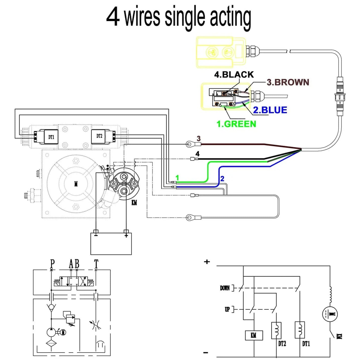 Diagram of 4 Wire Dump Trailer Remote Control Switch For 12V DC Hydraulic Pump Power Unit, showing wire connections.