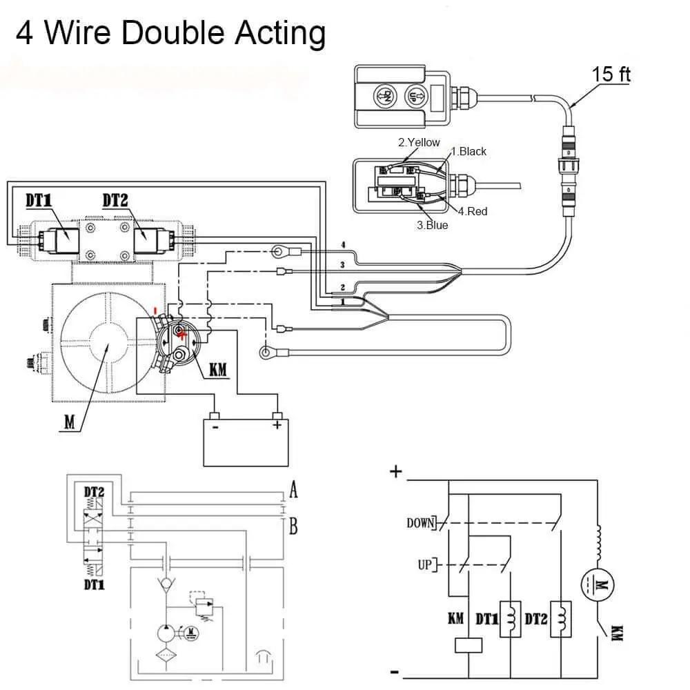 Diagram of 4 Wire Double Acting Dump Trailer Remote Control Switch For 12V DC Hydraulic Power Unit Up And Down Controller.