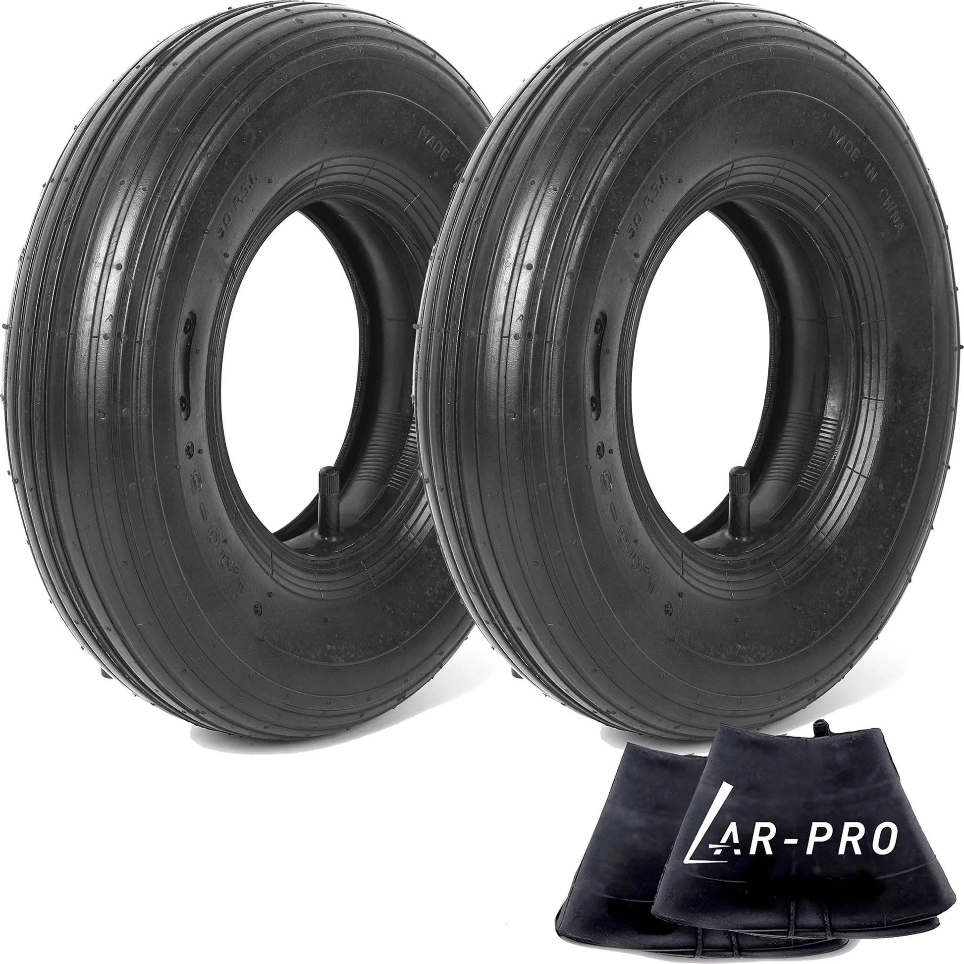 ✝️ (2 sets) 4.00-6 replacement pneumatic tires and inner tubes - universal fit 13” tires shown with ribbed treads and tr13 valve stems.
